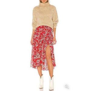 Cinq á Sept Kathleen Ruched Georgette Midi Skirt Venetian Red Multi